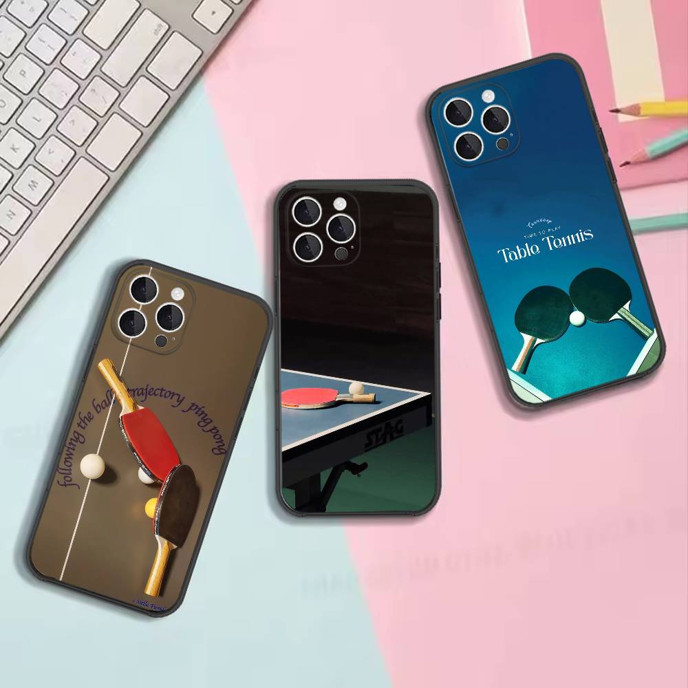 Table Tennis Quotes - 卓球ラケット柄耐衝撃ソフトブラック携帯電話ケース、iPhone 11、12、13、14、15、16、17、Pro、Max、Plus、X、XS、SE4、Mini対応