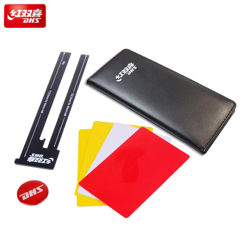Table Tennis Yellow Card - オリジナル DHS 卓球試合用卓球公式ツールセット コイン投げ審判キット付き 赤/黄色カード 測定ゲージケース